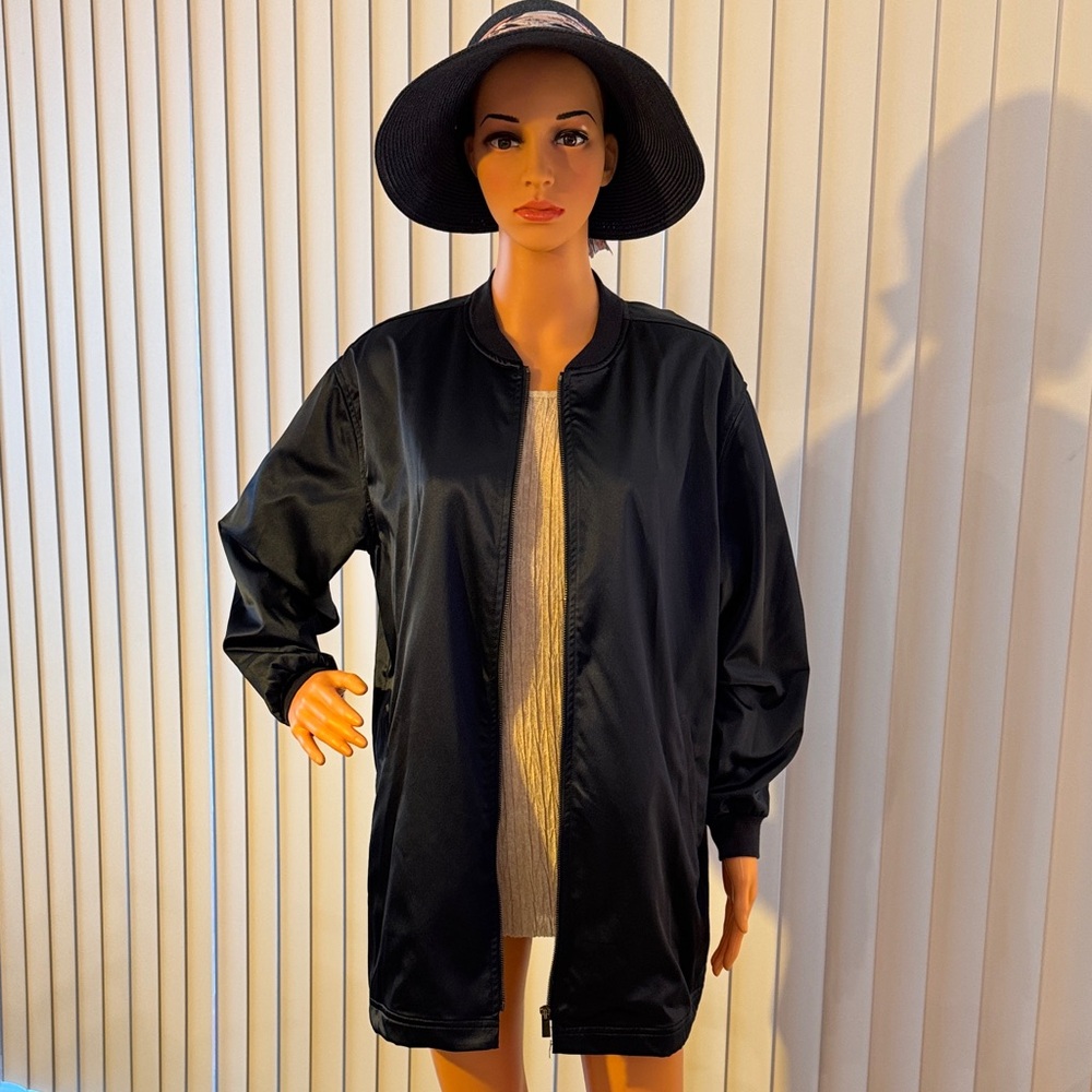 Two by Vince Camuto Long Black Satin Bomber Jacket